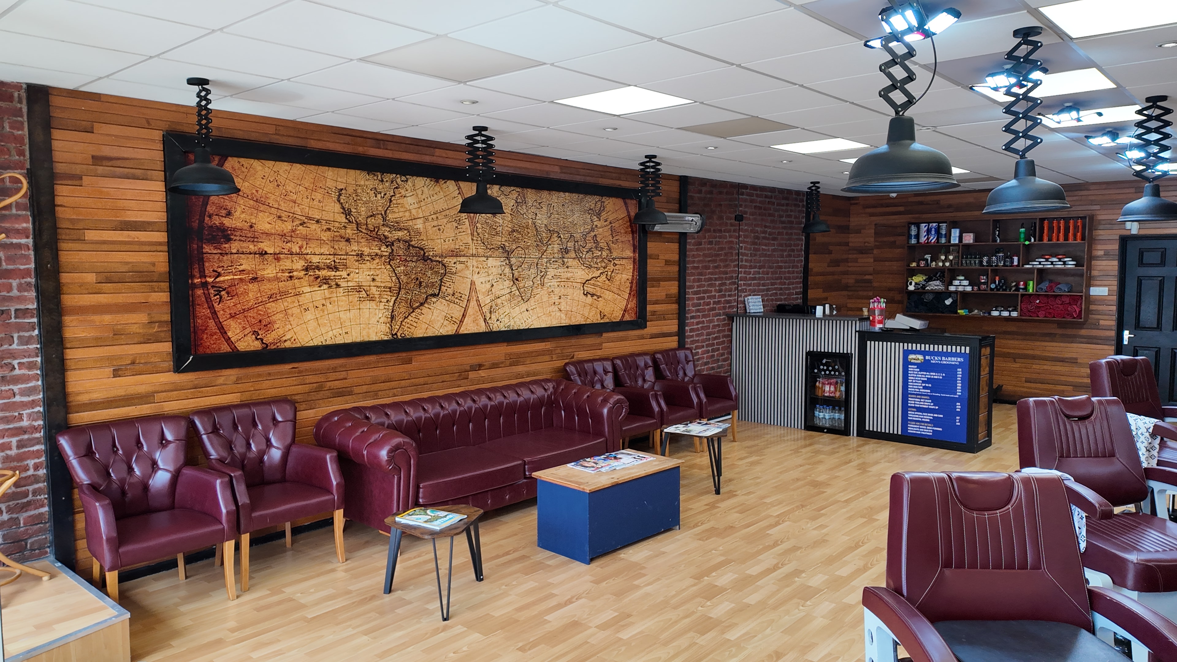 The waiting lounge inside Bucks Barbers